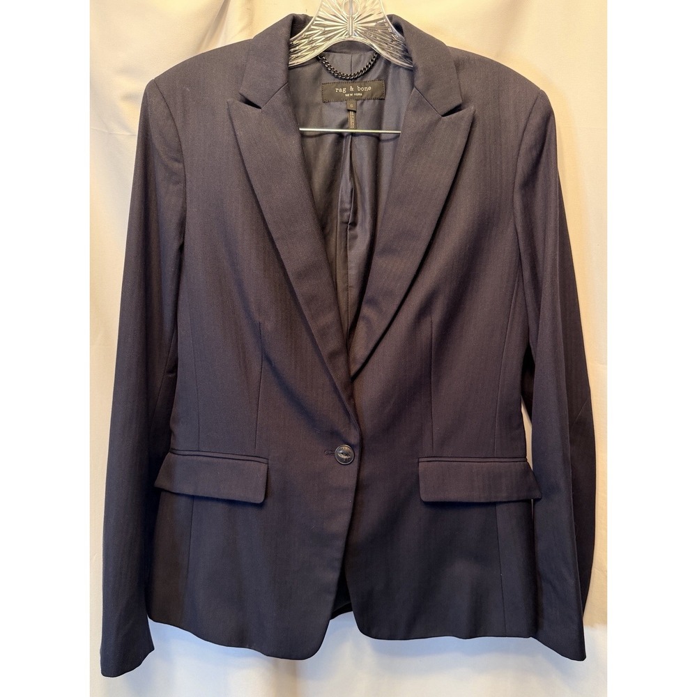 Rag & Bone Women's Size 6 Navy Blue Striped One Button Blazer Jacket Wool Blend